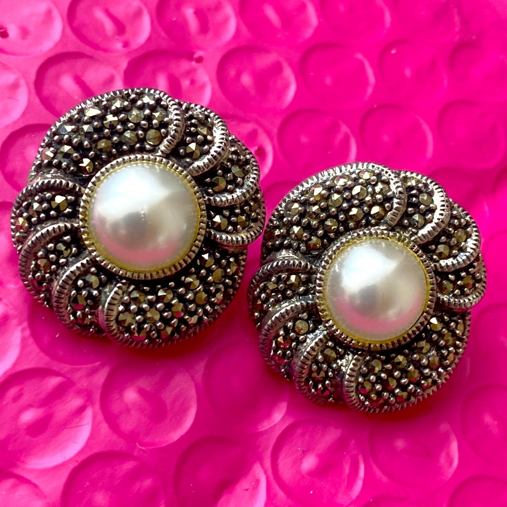 Judith Jack sterling silver Marcasite faux pearl Omega back earrings